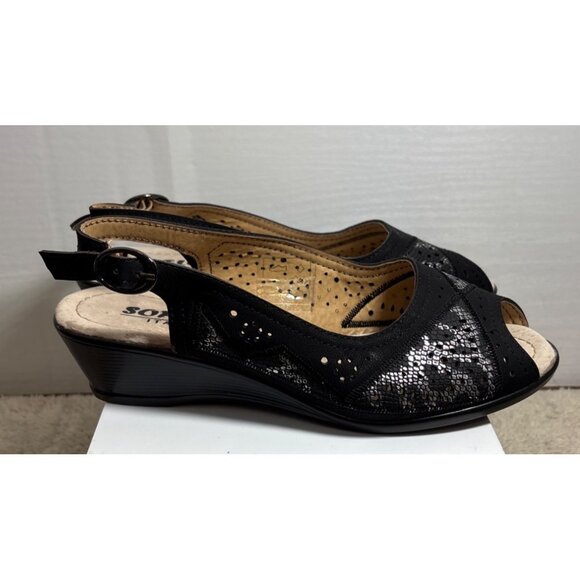 Soleflex Italy Sandals Womens Peep Toe Slingback Wedge Black Silver Size 6 - Picture 4 of 12